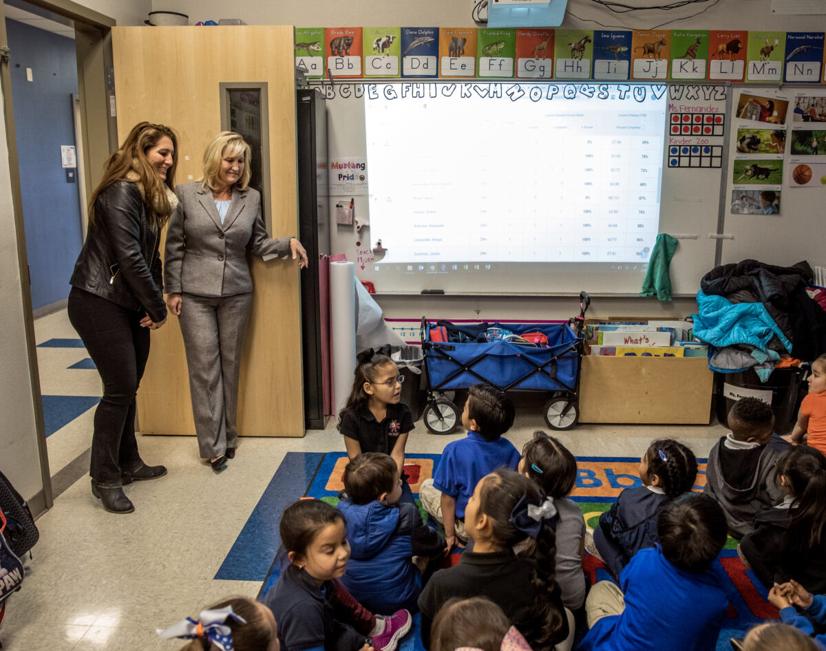 Mater Academy of Nevada Principal Renee Fairless, right, and Sol Avalos, English language director, talks to kindergarten students on Monday, Feb.10, 2020. (Jeff Scheid/The Nevada Independent).